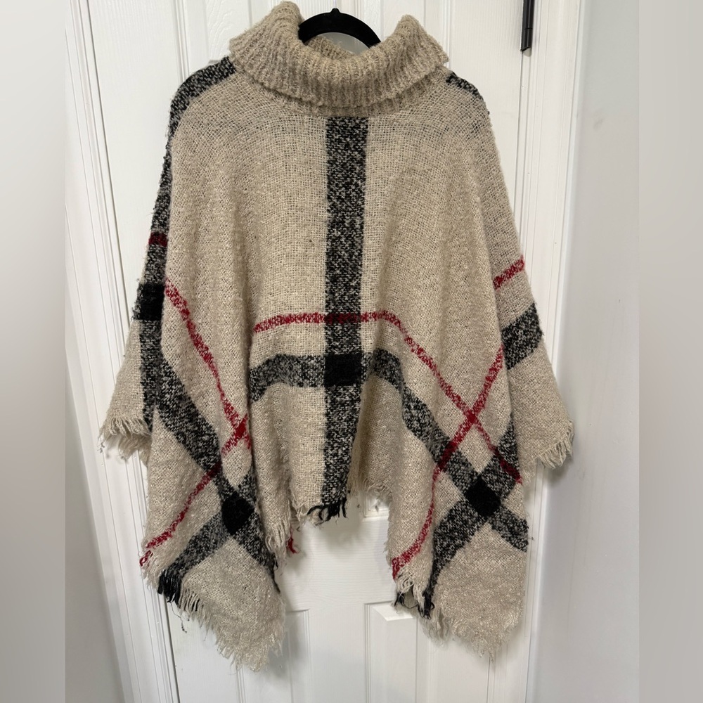 Lady Ros Plaid Turtleneck Poncho – Fringe, One-Size